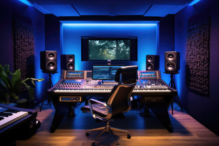 A high tech modern recording studio with ambient lighting, AI generatedの素材