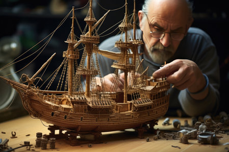 The construction of an intricate model ship, Detailed model of an antique galleon with sails and rigging AI generatedの素材