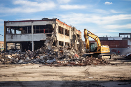 Old factory site being torn down for new construction, image of the frame of a house being built on a construction site Ai generatedの素材