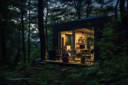 An outdoor forest recording studio for nature inspired creativity, Modern podcast studio or interview room at a home office with the beautiful and calm nature background, AI generatedの素材