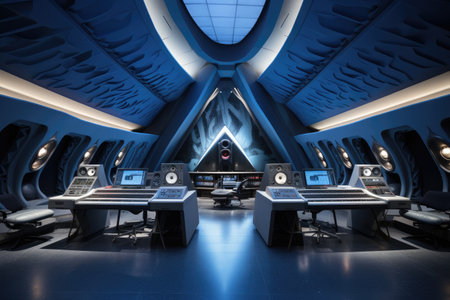 A recording studio designed to resemble a spaceship interior, AI generatedの素材