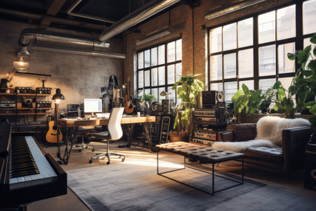 A recording studio in a refurbished industrial loft space --ar 3:2 --v 5.2 Job ID: c8c5131a-d572-45e0-aa07-581a767ad120の素材