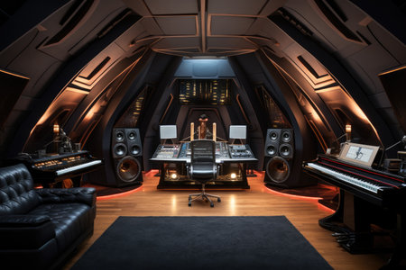 A recording studio inspired by a sci-fi movie set --ar 3:2 --v 5.2 Job ID: e735a7d7-2081-4154-bf32-fc5cff45e099の素材