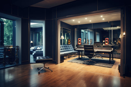 A recording studio with a sleek, glass partition separating control room --ar 3:2 --v 5.2 Job ID: 09ec5b86-78ef-44bf-abe2-8cf19ff01905の素材