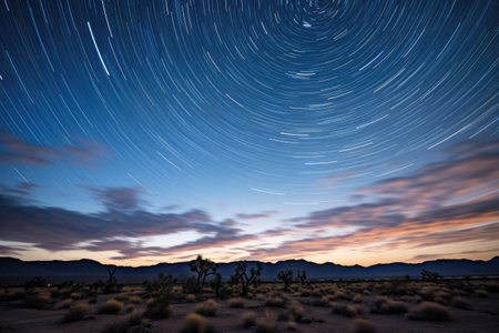 A vast desert landscape under a starry night sky, A deserted road under a starry night sky in the middle of the desert, AI generatedの素材