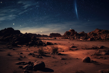 A vast desert landscape under a starry night sky, A deserted road under a starry night sky in the middle of the desert, AI generatedの素材