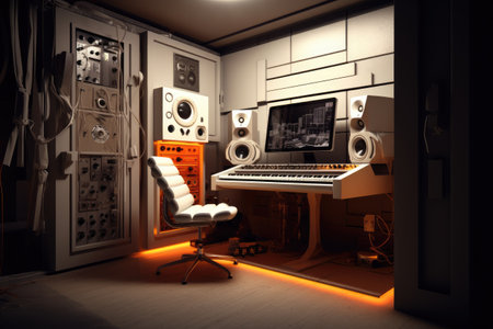 A compact, small space recording studio concept for urban living, Interior of recording studio home, music studio AI generatedの素材