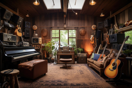 A rustic garage style recording studio with antique instruments, AI generatedの素材