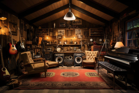 A rustic garage style recording studio with antique instruments, AI generatedの素材