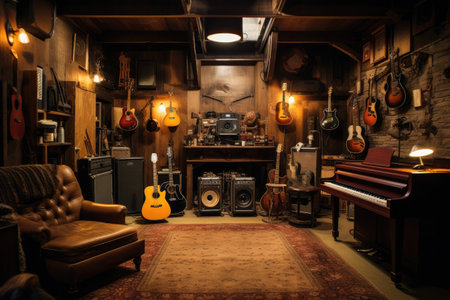 A rustic garage style recording studio with antique instruments, AI generatedの素材
