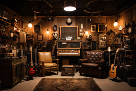 A rustic garage style recording studio with antique instruments, AI generatedの素材