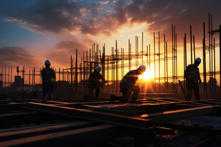 Sunset over a construction site showing worker silhouettes ,Sunset over Los Angeles showing construction of skyscrapers, Ai generatedの素材