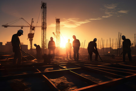 Sunset over a construction site showing worker silhouettes ,Sunset over Los Angeles showing construction of skyscrapers, Ai generatedの素材