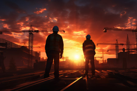 Sunset over a construction site showing worker silhouettes sunset over the city at a construction site, Ai generatedの素材