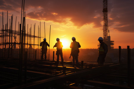 Sunset over a construction site showing worker silhouettes sunset over the city at a construction site, Ai generatedの素材