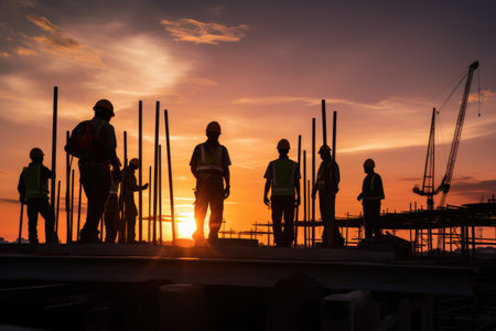 Sunset over a construction site showing worker silhouettes ,Sunset over Los Angeles showing construction of skyscrapers, Ai generatedの素材