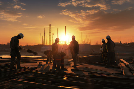 Sunset over a construction site showing worker silhouettes sunset over the city at a construction site, Ai generatedの素材
