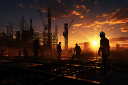 Sunset over a construction site showing worker silhouettes sunset over the city at a construction site, Ai generatedの素材