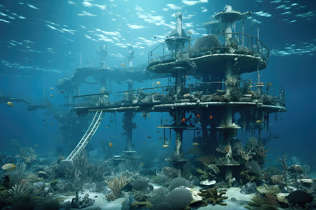 Underwater construction of a marine habitat, Illustration of an ancient underwater city, AI generatedの素材