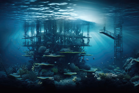 Underwater construction of a marine habitat, Illustration of an ancient underwater city, AI generatedの素材