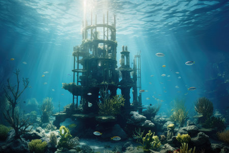 Underwater construction of a marine habitat, ancient underwater city, ocean scene, Atlantis , fantasy background wallpaper, AI generatedの素材
