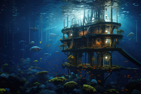 Underwater construction of a marine habitat, ancient underwater city, ocean scene, Atlantis , fantasy background wallpaper, AI generatedの素材