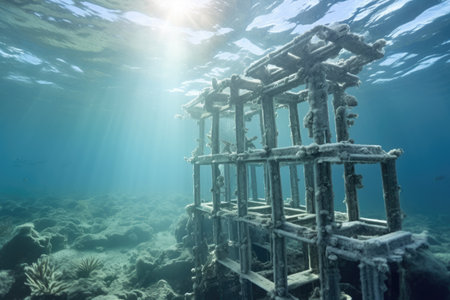 Underwater construction of a marine habitat, ancient underwater city, ocean scene, Atlantis , fantasy background wallpaper, AI generatedの素材