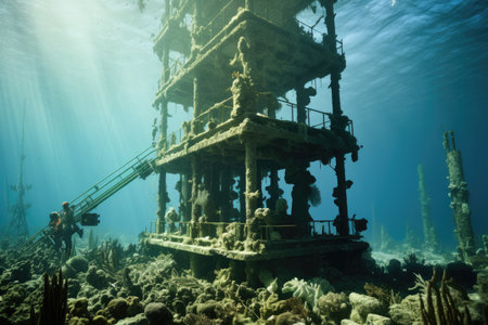 Underwater construction of a marine habitat, ancient underwater city, ocean scene, Atlantis , fantasy background wallpaper, AI generatedの素材