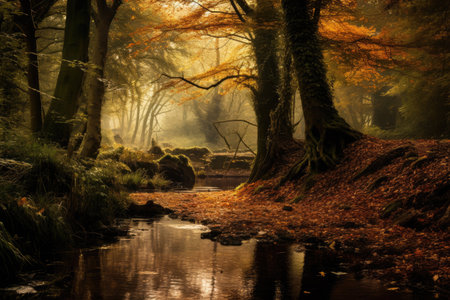 An autumnal woodland scene with falling leaves, AI generatedの素材