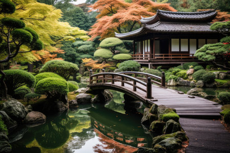 A Japanese Zen garden with a small pond and bridge, AI generatedの素材