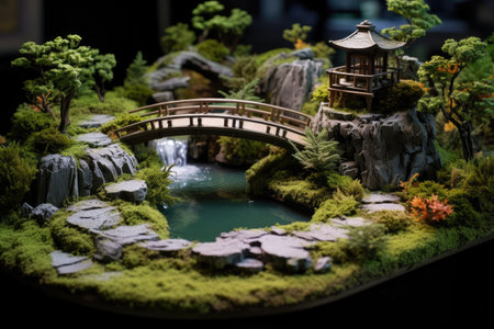 A Japanese Zen garden with a small pond and bridge, AI generatedの素材