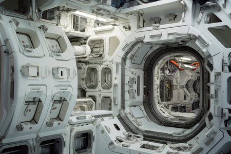 Space station construction in zero gravity, Interior of a space station, complete with control rooms, zero gravity areas, AI generatedの素材