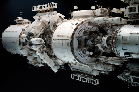 Space station construction in zero gravity, Interior of a space station, complete with control rooms, zero gravity areas, AI generatedの素材