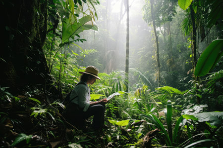 A botanist analyzing exotic plants in a rainforest AI generatedの素材