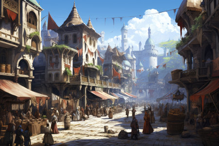 A bustling marketplace in a historical setting Ai generatedの素材