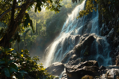 A cascading waterfall in a tropical rainforest AI generatedの素材