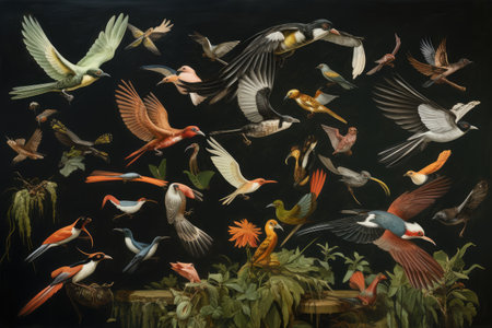 A collection of various bird species in mid-flight AI generatedの素材