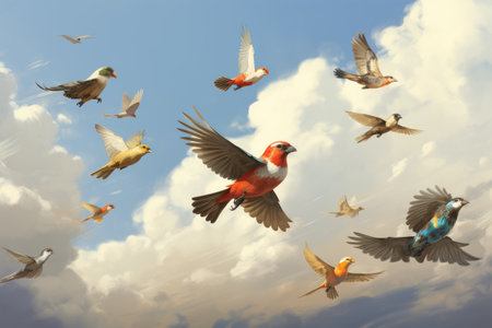 A collection of various bird species in mid-flight AI generatedの素材