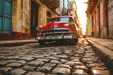 A glimpse of Havana, Cuba with classic vintage cars on cobblestone streets AI generatedの素材