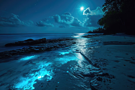 A serene moonlit scene featuring Bioluminescent plankton at the Maldives AI generatedの素材