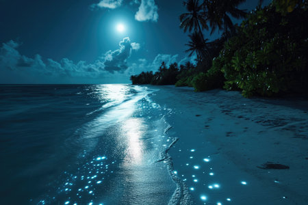 A serene moonlit scene featuring Bioluminescent plankton at the Maldives AI generatedの素材