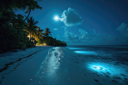 A serene moonlit scene featuring Bioluminescent plankton at the Maldives AI generatedの素材
