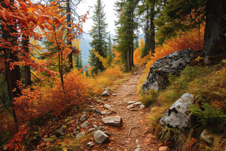 A scenic hiking trail winding through an autumn forest AI generatedの素材