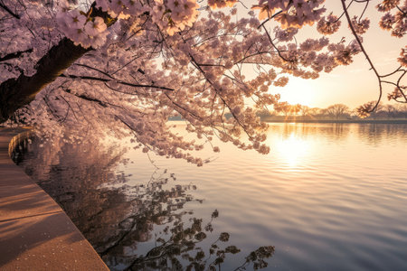 A tranquil morning scene of cherry blossom in full bloom along the Tidal Basin in Washington D.C AI generatedの素材
