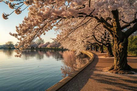 A tranquil morning scene of cherry blossom in full bloom along the Tidal Basin in Washington D.C AI generatedの素材