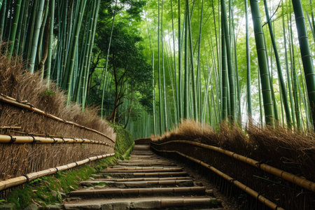 An enchanting bamboo forest path in Arashiyama, Kyoto AI generatedの素材