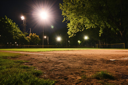 An empty baseball field under bright floodlights at night AI generatedの素材