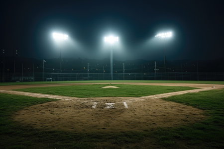 An empty baseball field under bright floodlights at night AI generatedの素材