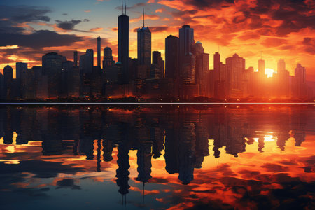 Big city skyline reflected in water during sunset AI generatedの素材