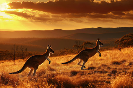 Australian outback with kangaroos hopping and a sunset in the background AI generatedの素材